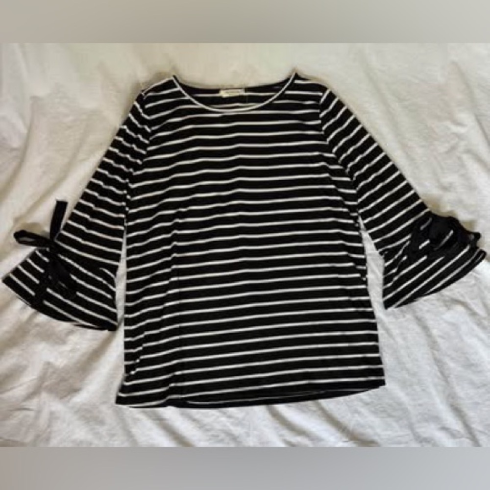Promesa BlackWhite Striped 3/4 Sleeve‎ Top shirt blouse made in USA large tie